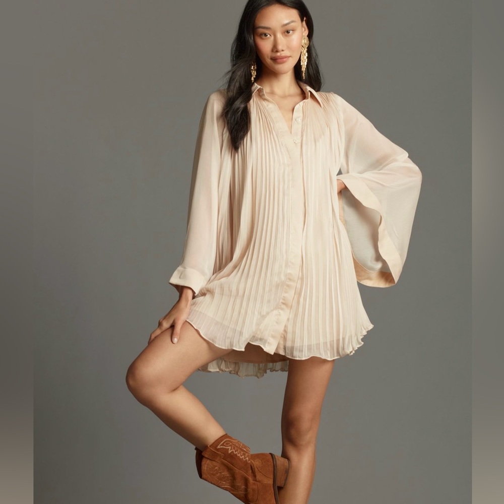 Anthropologie Maeve NWT Long-Sleeve Pleated Mini Shirt-Dress XS